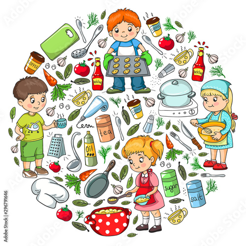 Kindergarten pattern with funny kids drawing. Vector illustration. Children play and grow.