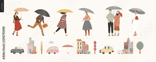 Rain - walking people set -modern flat vector concept illustration of people with umbrella, walking or standing in the rain in the street, city houses and cars.