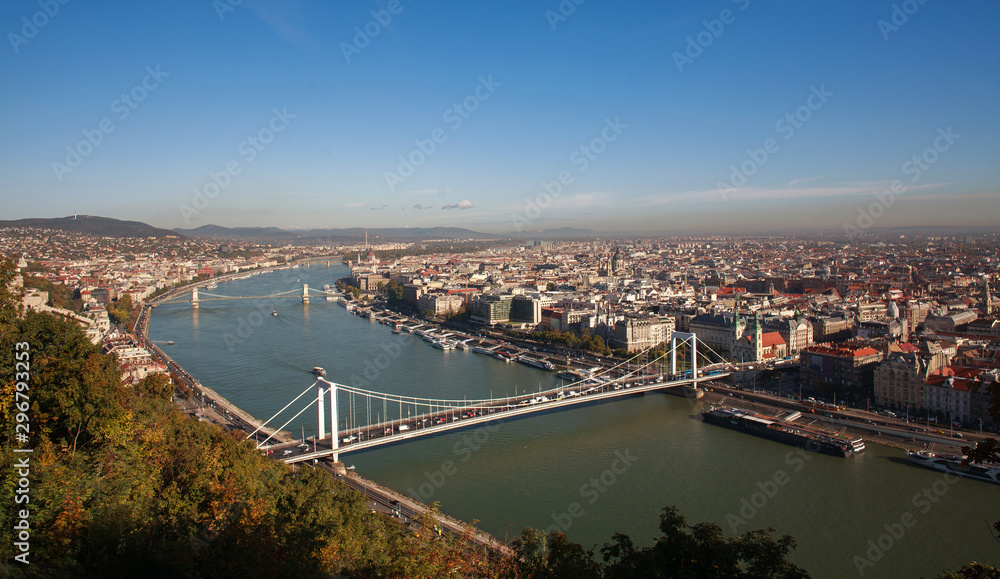 View of old tourist city bridges street building in daytime, Budapest, Hungary, Europe