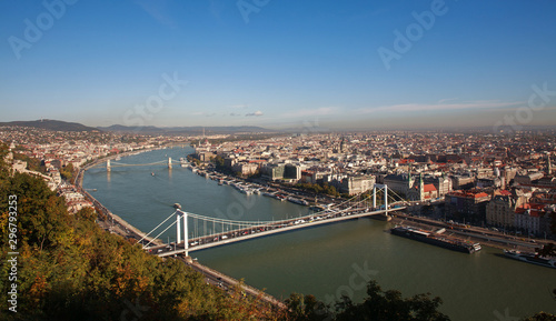 View of old tourist city bridges street building in daytime, Budapest, Hungary, Europe
