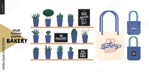 Bakery - small business illustrations - decoration -modern flat vector concept illustration of shop interior decoration - plants and quotes on blackboards, and branded tote bag - constructor set