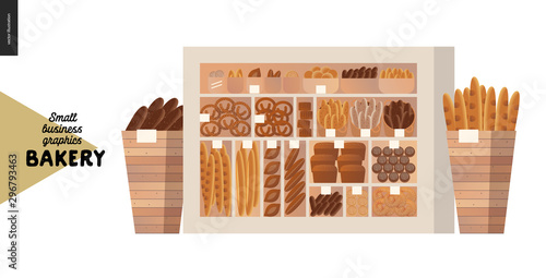 Bakery -small business illustrations -display case -modern flat vector concept illustration of a showcase and two wooden boxes full of bread- weat, rye loaf, grain, pretzel, bun, roll, french baguette
