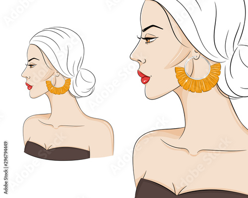 Beautiful woman in profile wearing stylish boho jewelry, vector sketch illustration. Fashion model with tassel earrings