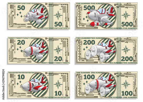 Set of game money with images of airplanes. Isolated on white background. Vector illustration.