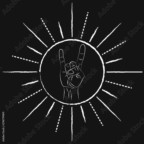 Sign of the horns scetch in round frame with rays. The rays are directed in different directions. Comics cartoon style. Lines and strokes.