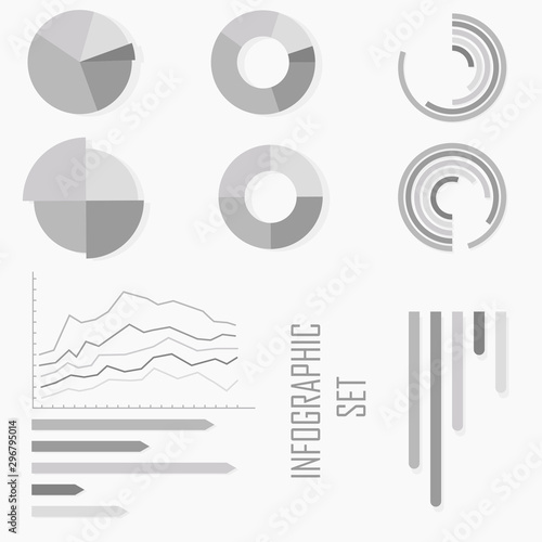 Set of infographics with diagrams and graphs. 9 grayscale elements.