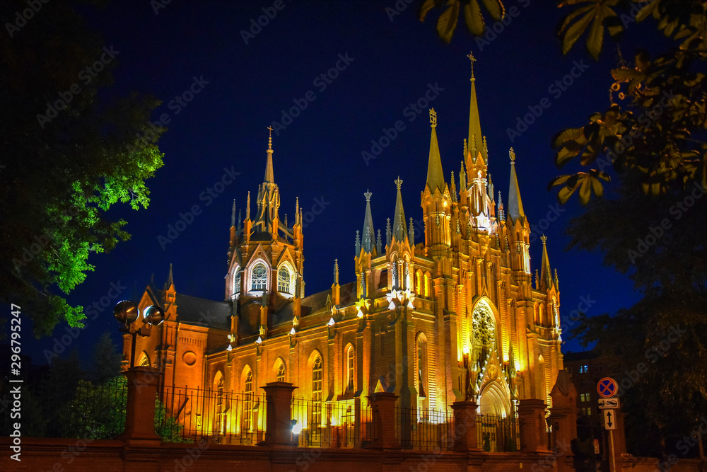 Catholic Cathedral illumination at night