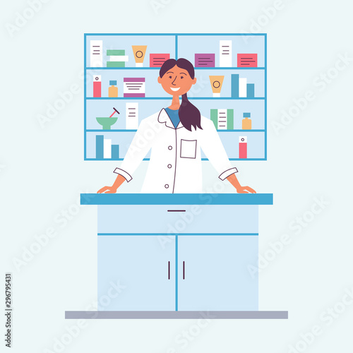 Brunette pharmacist girl behind the counter. Seller of medical drugs. The modern pharmacy. Vector