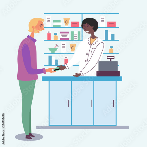 Pharmacist guy accepts payment from the customer. Payment by credit debit card. Seller of medicines. The modern pharmacy. Cash register. Vector