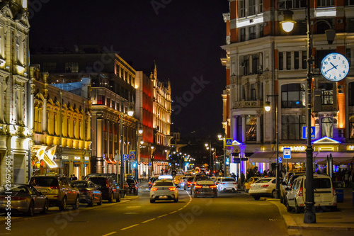 Neglinnaya Street historic architecture in a night illumination, Moscow city in Russia