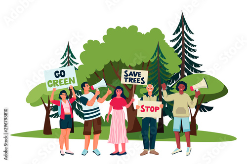 Environmental activists campaign against deforestation. Vector illustration. Saving forests and trees eco concept.