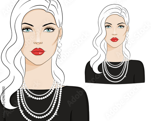 Beautiful woman wearing luxury jewelry, vector sketch illustration. Fashion model with pearl earrings and necklace.