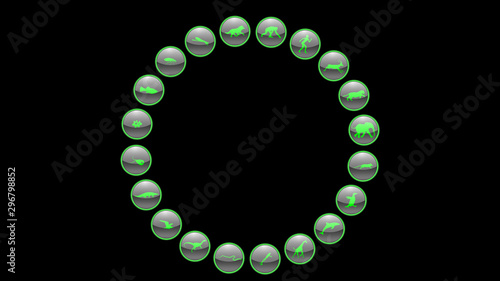 Green neon icons about the evolution of species. Animals icons vector. 