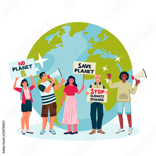 Environmental activists draw attention to climate change. Vector flat cartoon illustration of protesting eco-activists