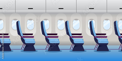 Airplane inside. Empty plane interior, seamless horizontal background. Vector flat cartoon illustration