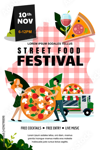 Street food festival poster, banner design template. Vector illustration. Italian food truck and couple with large pizza