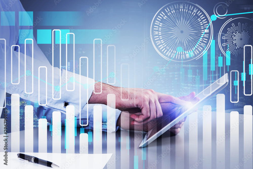 Businessman with tablet in office, HUD interface Businessman with tablet in office, HUD interface