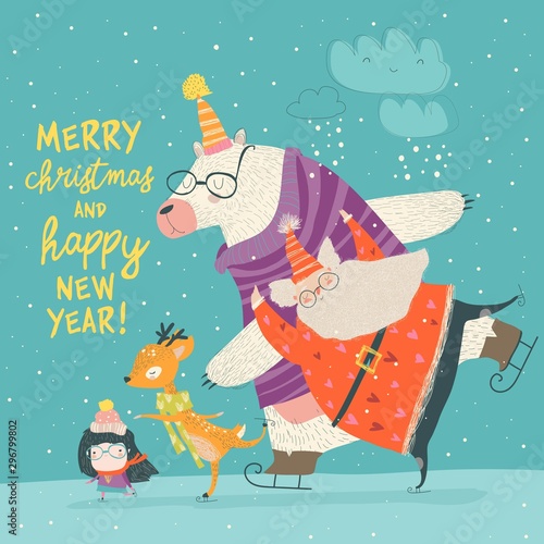 Santa Claus skating with bear, deer and little girl