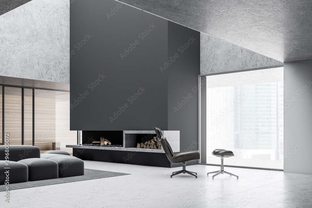 Minimalistic gray living room with fireplace - obrazy, fototapety, plakaty 