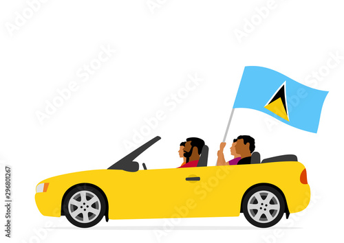 People in car with saint lucia flag