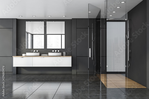 Gray bathroom interior with sink and shower