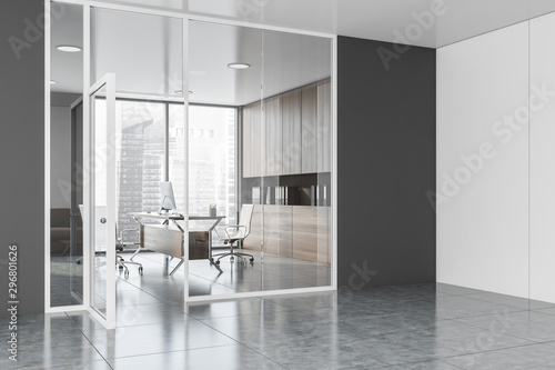 Modern office hall with gray CEO office
