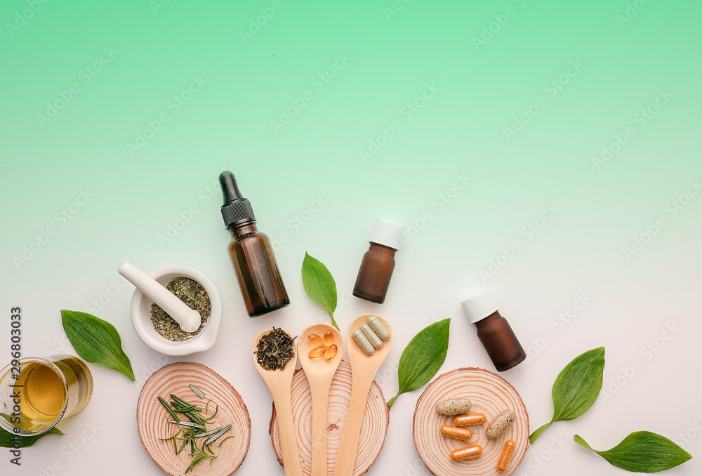 natural medicine for health and wellness. homeopathy and apothecary  concept. - obrazy, fototapety, plakaty 
