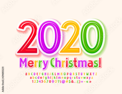 Vector modern style greeting card Merry Christmas 2020. Colorful Font for Kids. Cute Alphabet Letters, Numbers and Symbols