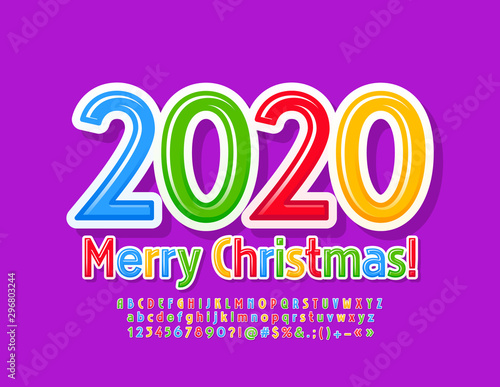 Vector modern style greeting card Merry Christmas 2020. Colorful Font for Kids. Stylish Alphabet Letters, Numbers and Symbols