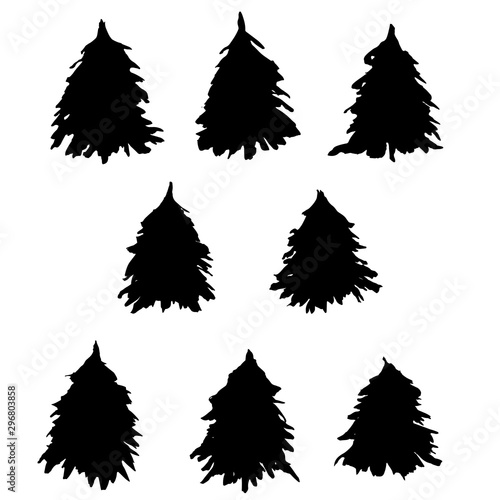 Fir tree silhouettes set. Black grunge Christmas tree. Watercolor spruce isolated on white background. Vector illustration.