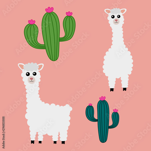 set of cute animals llama and alpaca isolated on pink background. vector illustration 