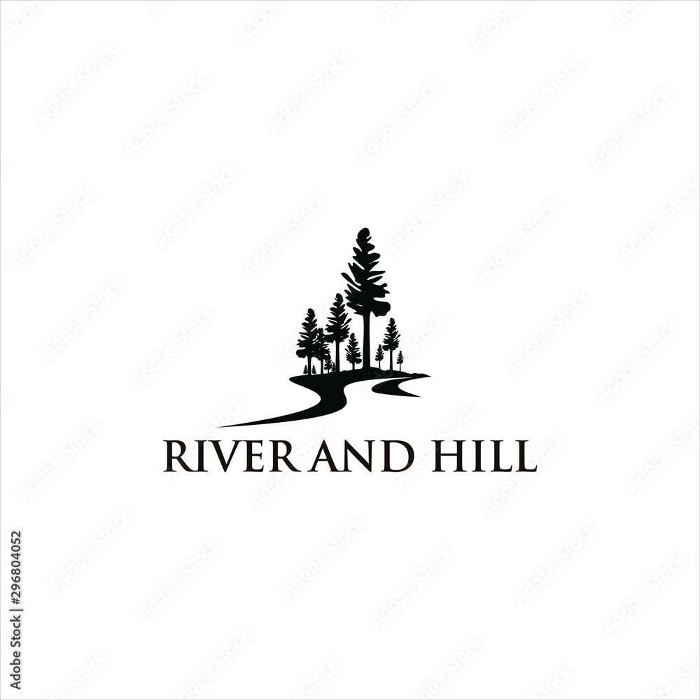 meadow logo river valley black pine, tree vector silhouette illustration for landscape design or print art template  - obrazy, fototapety, plakaty 