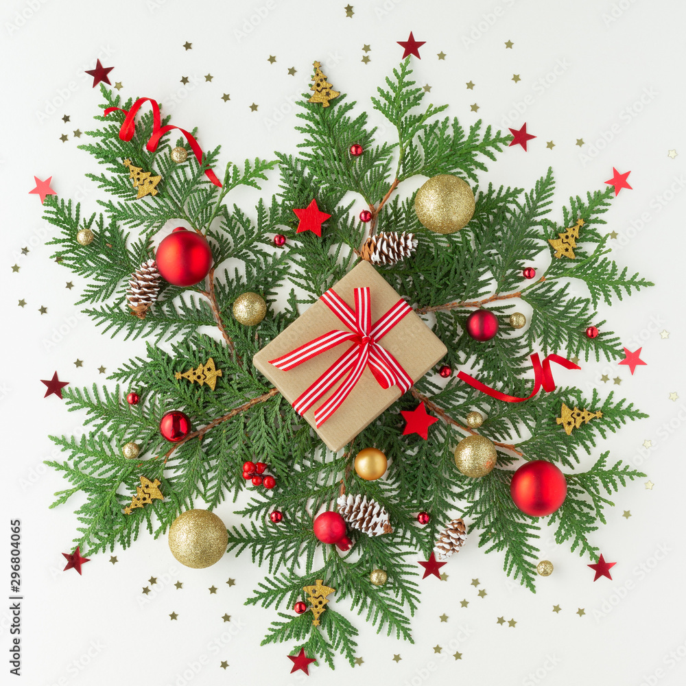 Christmas composition.Gift bauble star pine top view background with copy space for your text. Flat lay. Christmas composition.Gift bauble star pine top view background with copy space for your text. Flat lay.