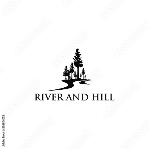 meadow logo river valley black pine, tree vector silhouette illustration for landscape design or print art template  photo