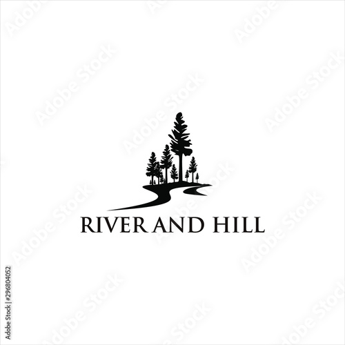 meadow logo river valley black pine, tree vector silhouette illustration for landscape design or print art template 