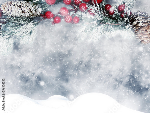 winter christmas background with snow and fir branches frame