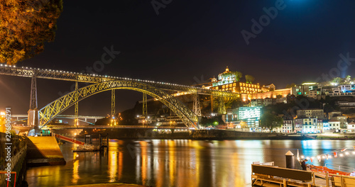 Dom Luis I steel bridge at night in Porto  Portugal