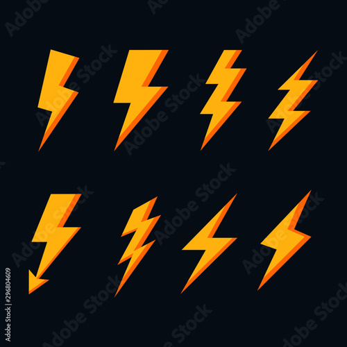 lightning bolt flash icons set. electricity power. yellow thunder isolated on blue background. vector Illustration.
