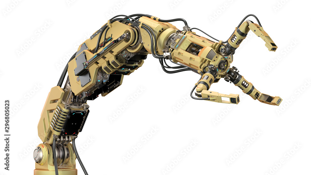 Very detailed robotic arm. Yellow mechanical hand. Industrial robot  manipulator. Futuristic industrial technology. Isolated on white  background. 3D Render Stock Illustration | Adobe Stock