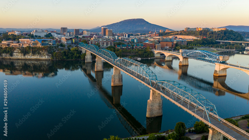 Sunrise comes to Lookout Mountain standing behind Downtown Chattanooga Tennessee