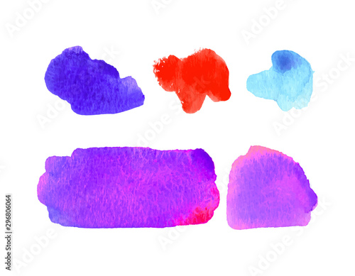 Set of watercolor elements in bright colors. Vector textured illustration. Abstract aquarelle stains isolated on white background. Hand drawn paint blotch for your design, logo, emblem, banner.