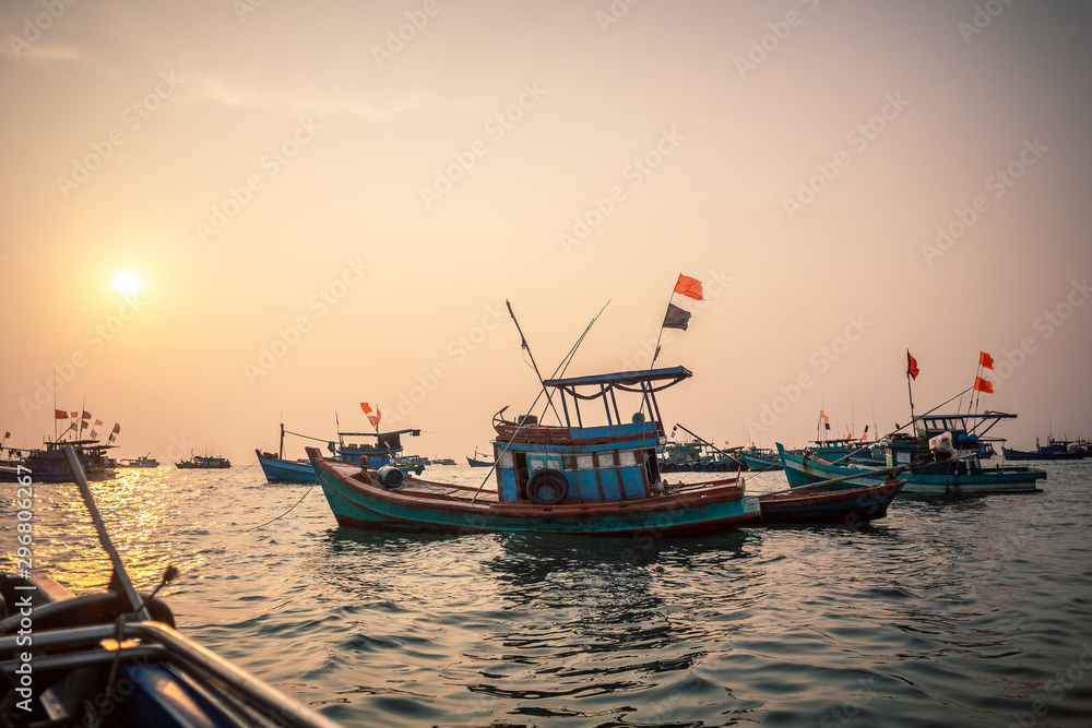 fishing boat at sunset vietnam