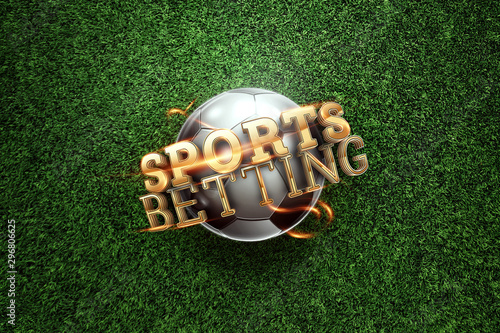 Gold Lettering Sports Betting on the background of a soccer ball and green lawn. Bets, sports betting, watch sports and bet. flat lay, top view photo