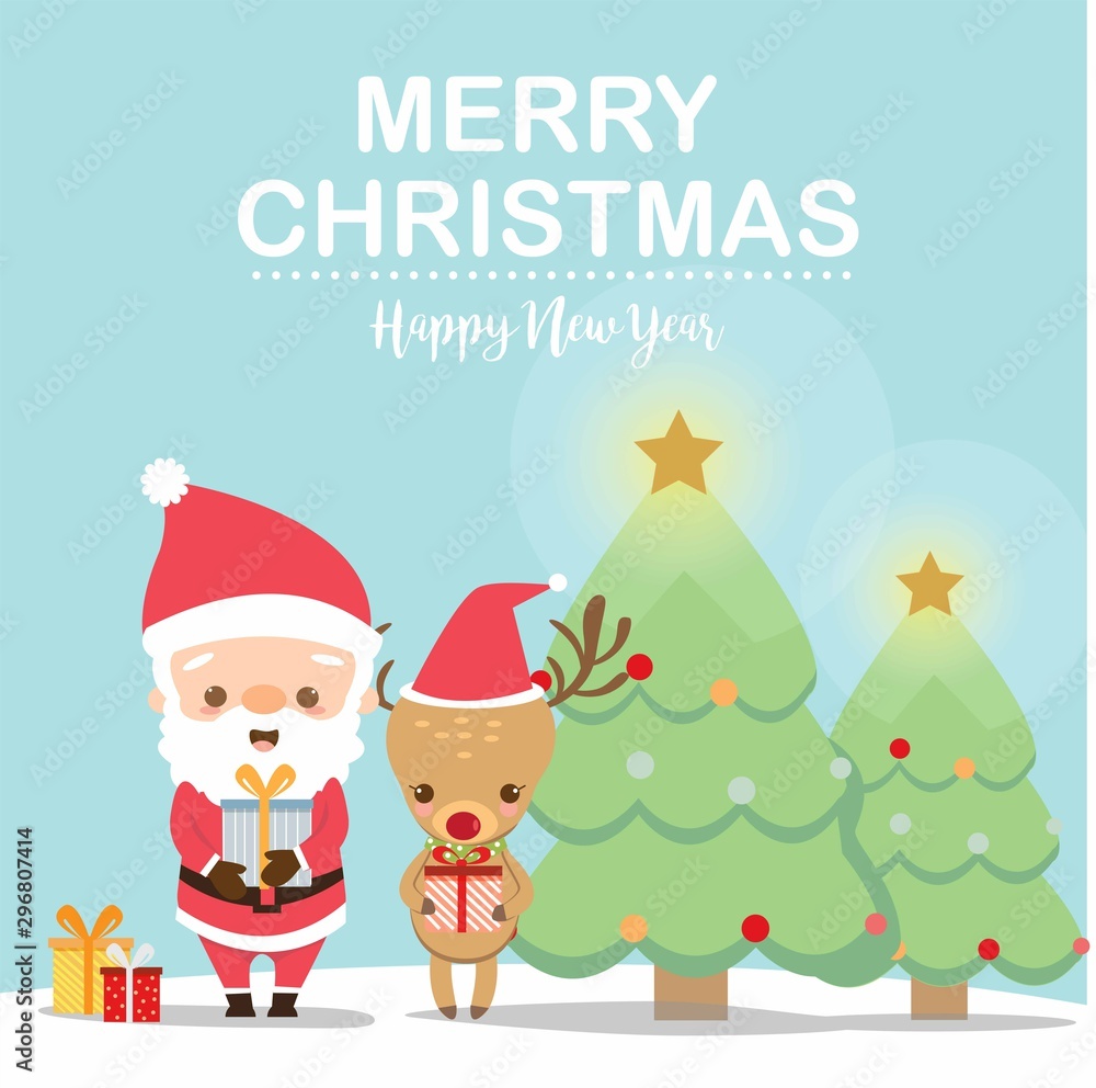 Santa claus and deer offering gifts in Christmas Greeting Card Santa claus and deer offering gifts in Christmas Greeting Card