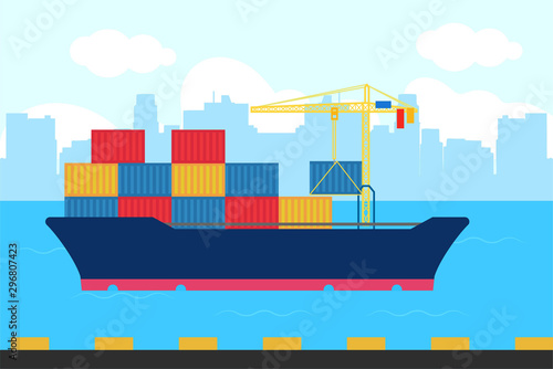 Results of images of ships containing tons of cargo at the crossing are handled at the port dock illustration vector