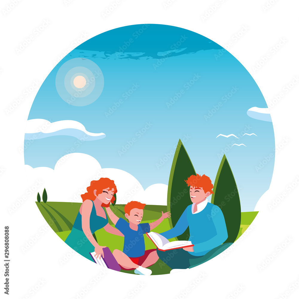 Εκτύπωση καμβά couple of parents and son with background landscape