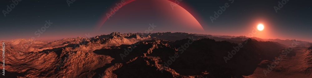 Panorama of an alien landscape. Sunset on Mars. Alien sunset. 3d rendering.