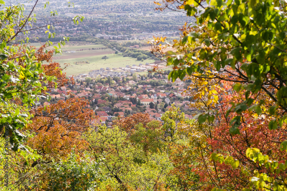 Pilisborosjeno, Hungary - Oct 11, 2019: View of Pilisborosjeno at autumn, a small picturesque village in the Pilis Mountains is a mountainous region in the Transdanubian Mountains