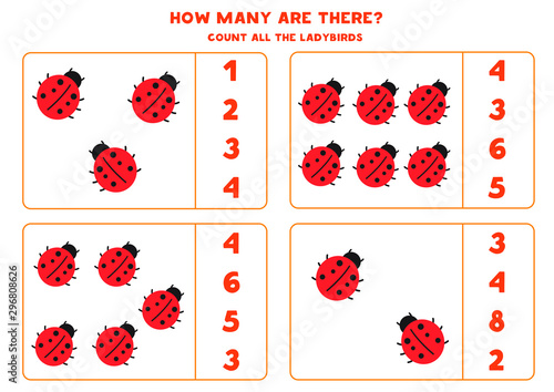 Educational worksheet for kids. Count ladybird. Math game for children. 
