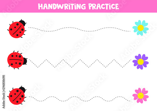 Educational worksheet for kids. Handwriting practice with cute ladybirds.